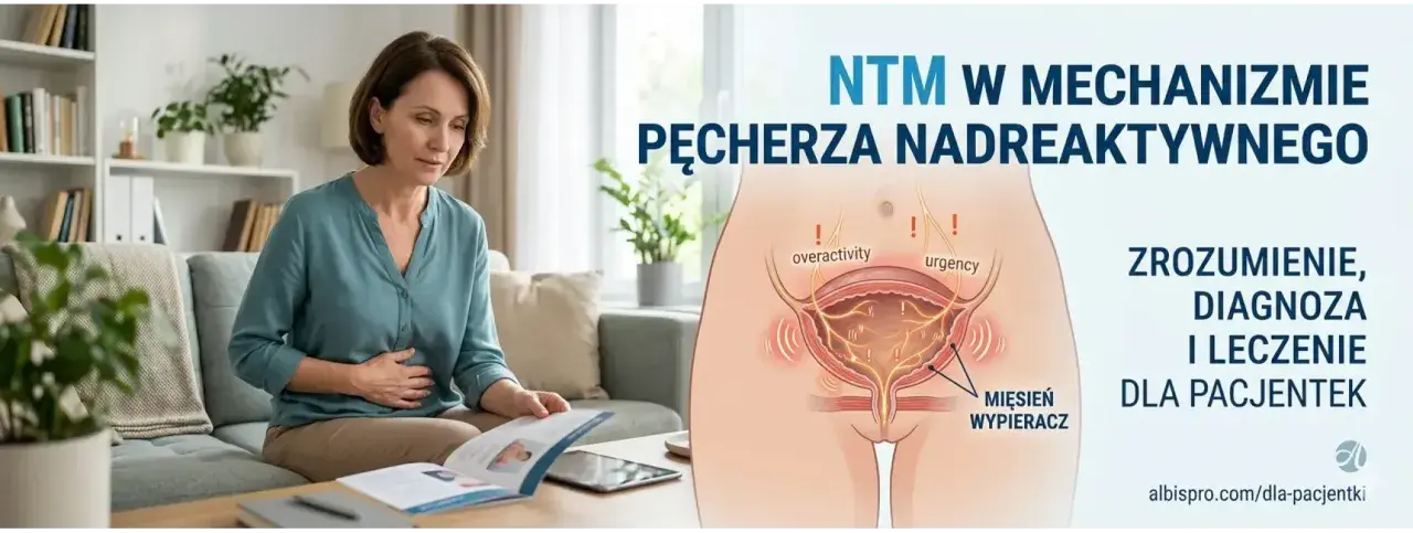 Kobieta czyta broszurę o nadreaktywnym pęcherzu. Grafika pokazuje mechanizm problemu, sugerując, że wyleczyłam nadreaktywny pęcherz.