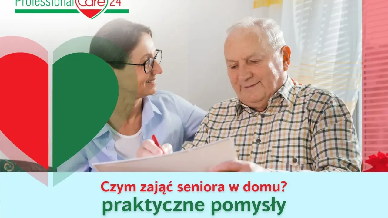 Opiekunka pomaga seniorowi w wypełnianiu dokumentów, podpowiadając, czym zająć seniora w domu.