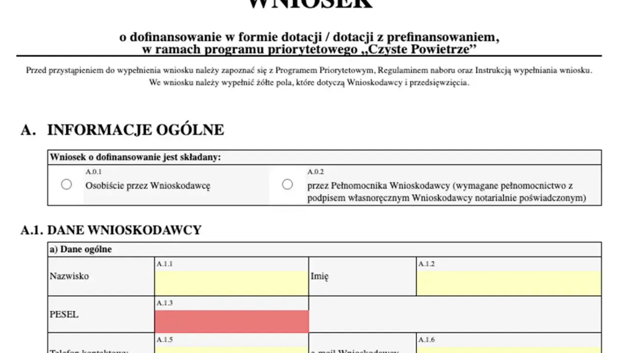 Formularz wniosku o dofinansowanie z PCPR dla niepełnosprawnych. Sekcja "Dane Wnioskodawcy" zawiera pola na nazwisko, PESEL i dane kontaktowe.