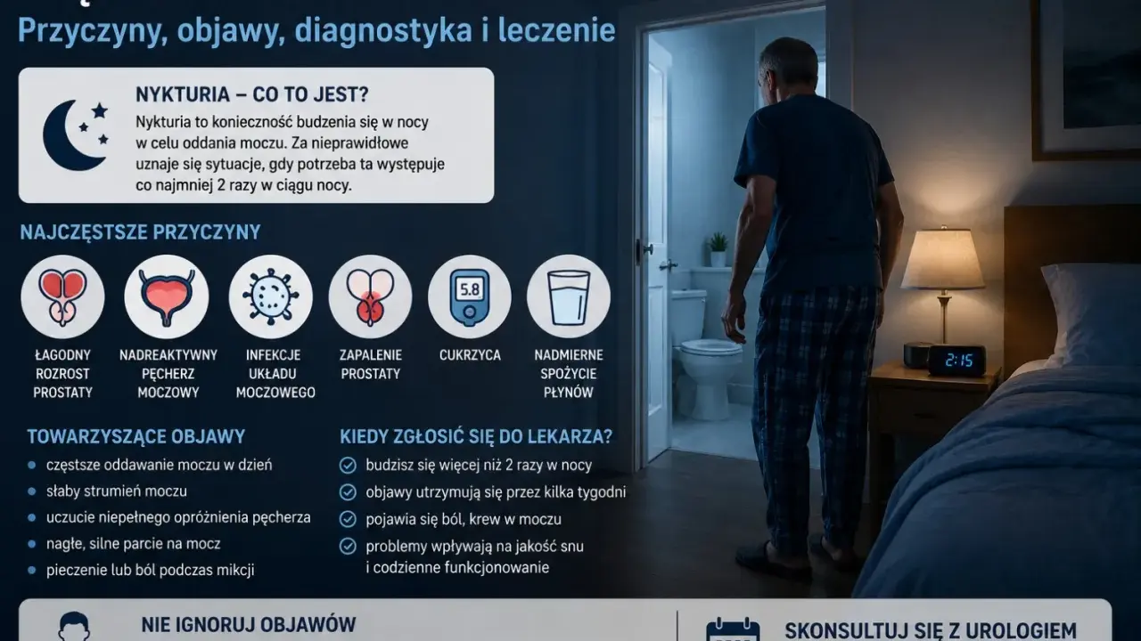 Nykturia, czyli częste oddawanie moczu w nocy, może mieć różne przyczyny: łagodny rozrost prostaty, nadreaktywny pęcherz, infekcje, zapalenie prostaty, cukrzyca, nadmierne spożycie płynów.