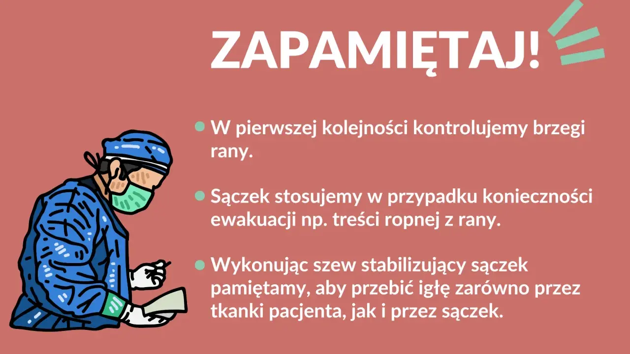 Chirurg w masce i fartuchu przygotowuje się do zabiegu. Pamiętaj o sączku w ranie, gdy ewakuujesz np. treść ropną.