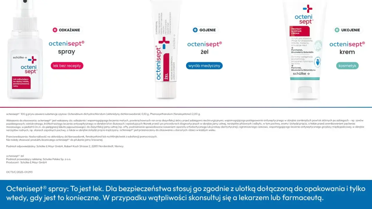 Octenisept spray i żel do dezynfekcji ran. Spray do odkażania, żel do gojenia. Czym smarować strupa? Octenisept żel wspomaga gojenie.