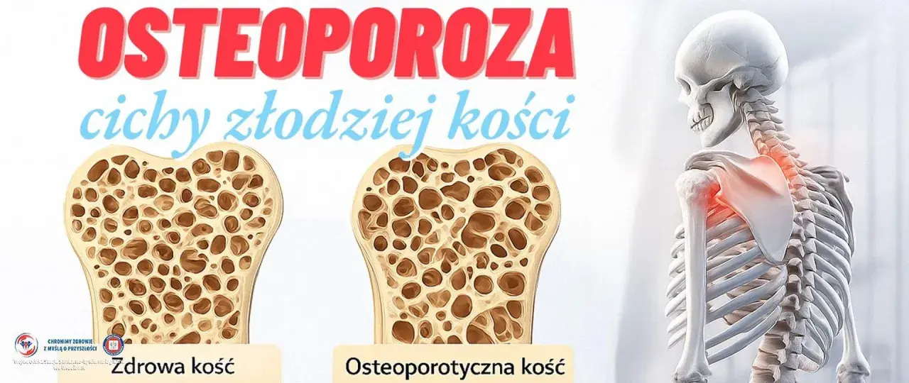 Osteoporoza pomenopauzalna: porównanie zdrowej i osteoporotycznej kości. Szkielet z zaznaczonym bólem w obrębie barku.