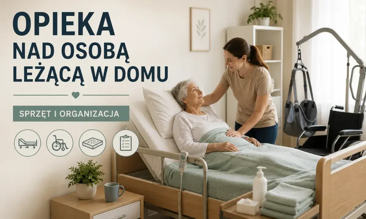 Młoda kobieta opiekuje się starszą osobą leżącą w łóżku. W tle widać sprzęt rehabilitacyjny.