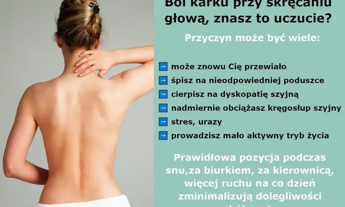 Kobieta masuje bolący kark, który może być efektem skręcenia. Wskazówki dotyczące przyczyn i profilaktyki bólu szyi.