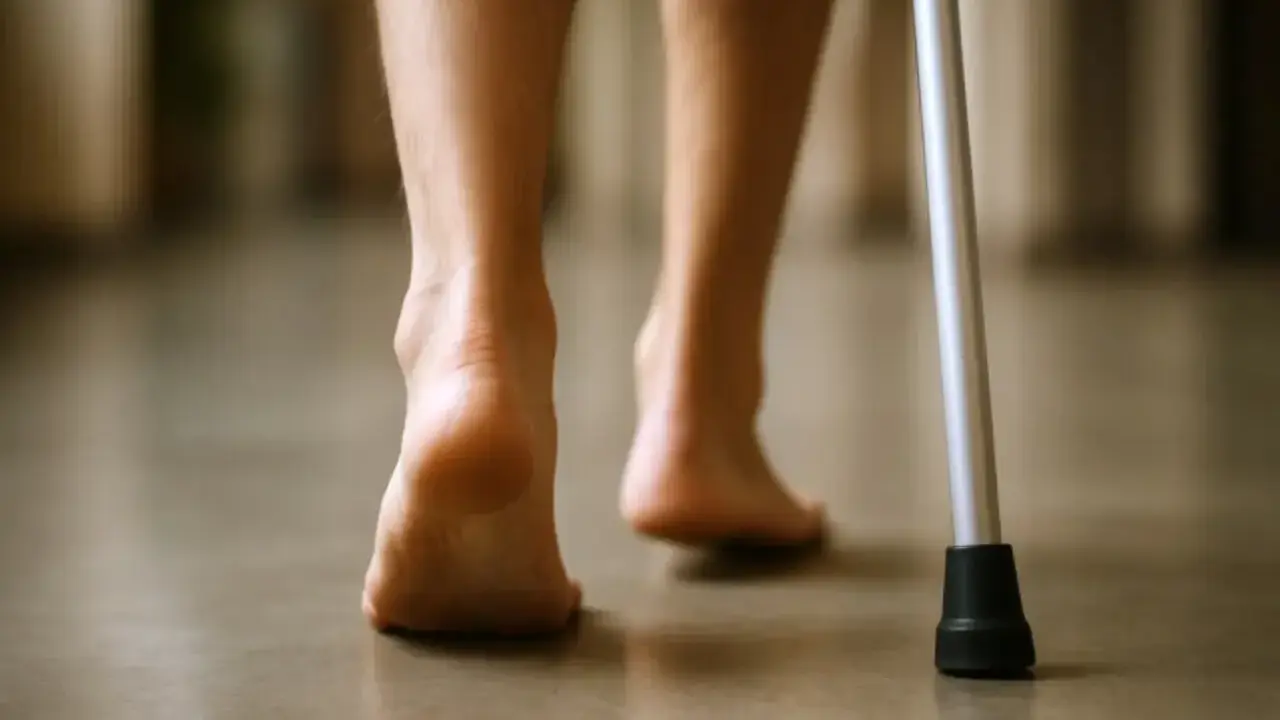 Powolne kroki po złamaniu pięty, wspierane laską. Długotrwała rehabilitacja przynosi efekty.