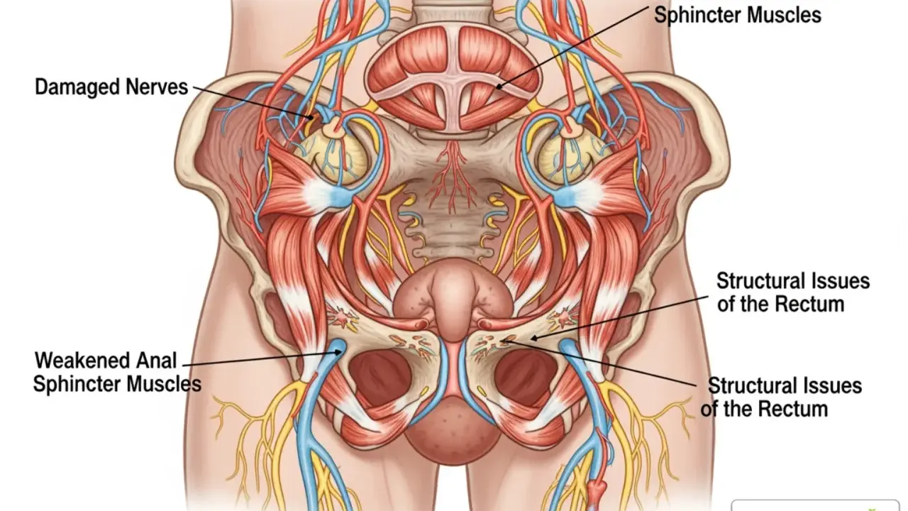 Anatomia miednicy z zaznaczonymi osłabionymi zwieraczami odbytu i uszkodzonymi nerwami. Rozważ leki na wzmocnienie zwieraczy odbytu.