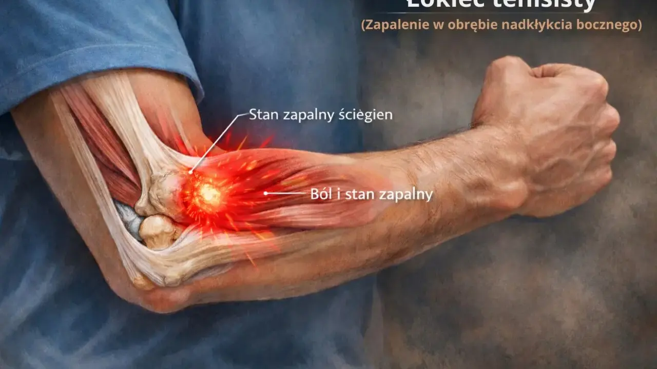 Anatomia łokcia z widocznym stanem zapalnym ścięgien i bólem, ilustracja problemu nieleczonego łokcia tenisisty.