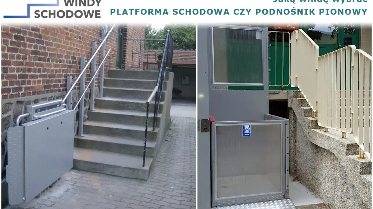 Platforma schodowa i podnośnik pionowy ułatwiające poruszanie się osobom niepełnosprawnym.
