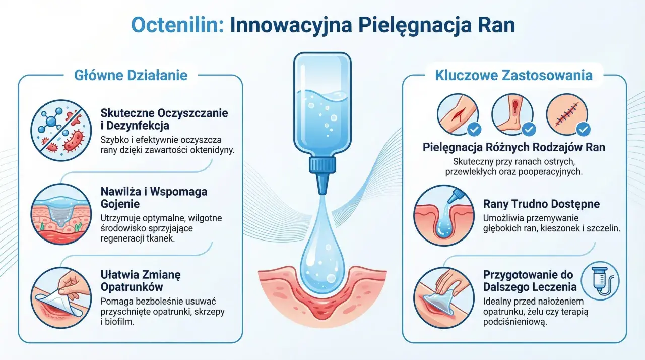 Skuteczne oczyszczanie rany i dezynfekcja dzięki Octenilin. Produkt nawilża, wspomaga gojenie i ułatwia zmianę opatrunków.