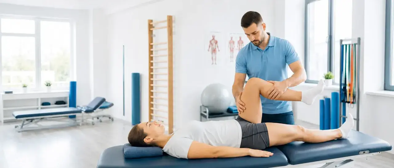 Fizjoterapeuta pracuje z pacjentką, wykonując ćwiczenia na nogę. To dowód, że rehabilitacja pomaga w powrocie do sprawności.