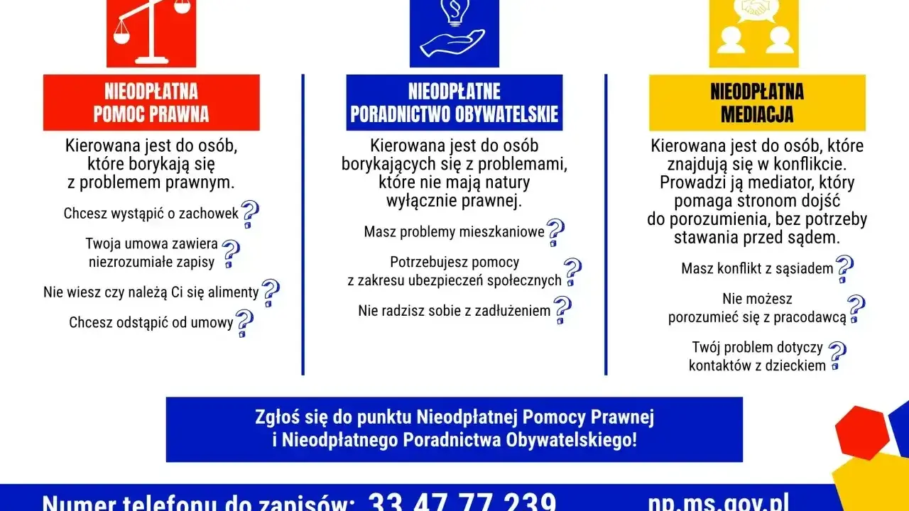 Nieodpłatna pomoc prawna, poradnictwo obywatelskie i mediacje dla osób z problemami prawnymi, mieszkaniowymi, zadłużeniem czy konfliktami. Dowiedz się, jakie są niepełnosprawności, które można rozwiązać.