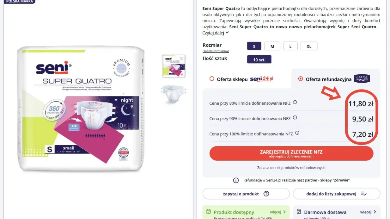 Pieluchomajtki Seni Super Quatro dla dorosłych dostępne w rozmiarach S, M, L, XL. Sprawdź ceny z dofinansowaniem NFZ.