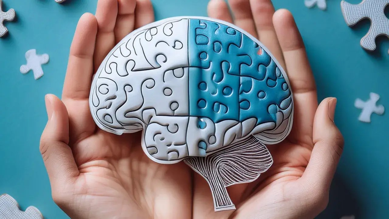 Dłonie trzymają mózg z puzzli, symbolizujący powrót do zdrowia po udarze dzięki fizjoterapii.
