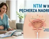 Kobieta czyta broszurę o nadreaktywnym pęcherzu. Grafika pokazuje mechanizm problemu, sugerując, że wyleczyłam nadreaktywny pęcherz.