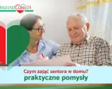 Opiekunka pomaga seniorowi w wypełnianiu dokumentów, podpowiadając, czym zająć seniora w domu.