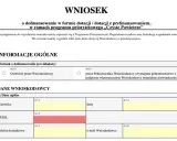 Formularz wniosku o dofinansowanie z PCPR dla niepełnosprawnych. Sekcja "Dane Wnioskodawcy" zawiera pola na nazwisko, PESEL i dane kontaktowe.