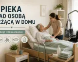Młoda kobieta opiekuje się starszą osobą leżącą w łóżku. W tle widać sprzęt rehabilitacyjny.