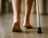 Powolne kroki po złamaniu pięty, wspierane laską. Długotrwała rehabilitacja przynosi efekty.
