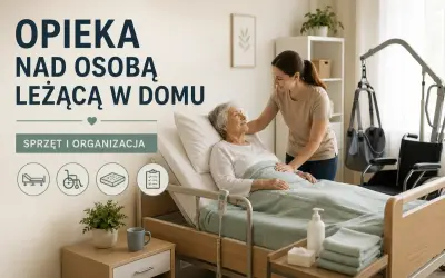 Młoda kobieta opiekuje się starszą osobą leżącą w łóżku. W tle widać sprzęt rehabilitacyjny.