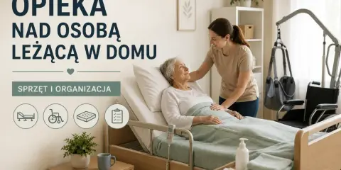 Młoda kobieta opiekuje się starszą osobą leżącą w łóżku. W tle widać sprzęt rehabilitacyjny.