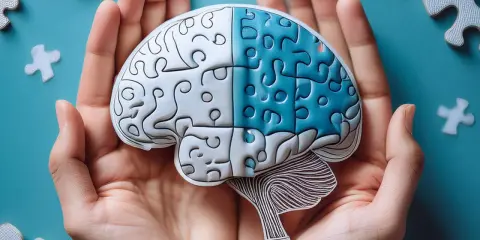Dłonie trzymają mózg z puzzli, symbolizujący powrót do zdrowia po udarze dzięki fizjoterapii.