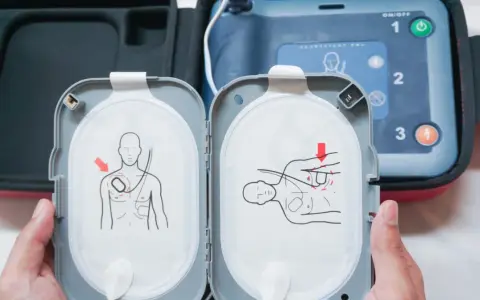 Instrukcja na elektrodach pokazuje, jak działa defibrylator: umieść elektrody na klatce piersiowej zgodnie z rysunkiem.