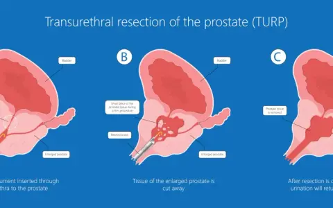 Ilustracja pokazuje przebieg resekcji przezcewkowej prostaty (TURP). Po zabiegu rekonwalescencja po operacji prostaty TURP pozwala na powrót do normalnego oddawania moczu.