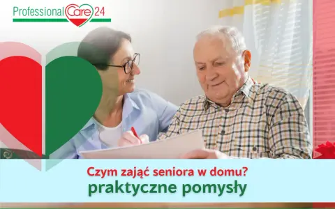 Opiekunka pomaga seniorowi w wypełnianiu dokumentów, podpowiadając, czym zająć seniora w domu.