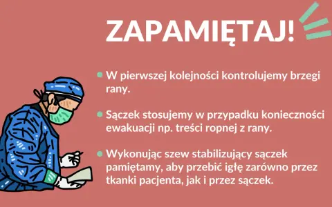 Chirurg w masce i fartuchu przygotowuje się do zabiegu. Pamiętaj o sączku w ranie, gdy ewakuujesz np. treść ropną.