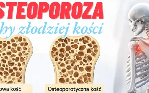 Osteoporoza pomenopauzalna: porównanie zdrowej i osteoporotycznej kości. Szkielet z zaznaczonym bólem w obrębie barku.