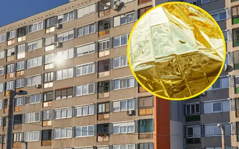 Złota folia NRC, błyszcząca stroną na zewnątrz, odbija słońce od fasady bloku mieszkalnego.