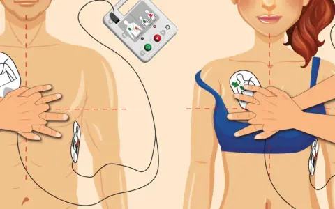 Instrukcja użycia AED skrót: elektrody przyklejone do klatki piersiowej, gotowe do użycia.