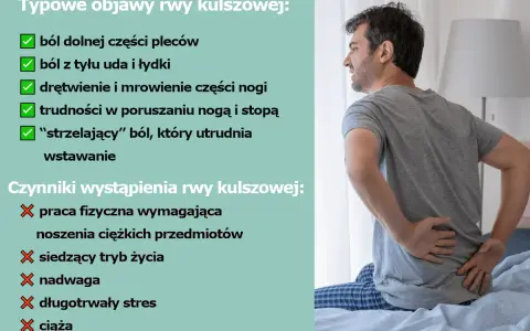Mężczyzna z bólem pleców, objawy rwy kulszowej i czynniki ryzyka. Ból może wpływać na stopień niepełnosprawności.