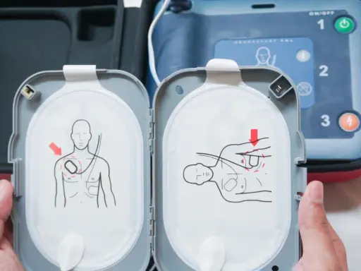 Instrukcja na elektrodach pokazuje, jak działa defibrylator: umieść elektrody na klatce piersiowej zgodnie z rysunkiem.