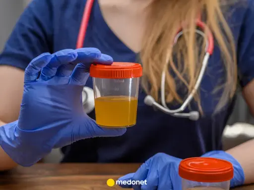 Rękawiczki i stetoskop wskazują na badanie. Analiza moczu wyjaśnia, skąd się biorą leukocyty w moczu, często świadczące o infekcji.