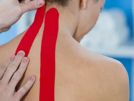 Czerwone plastry kinesio taping na karku i ramieniu, aplikowane przez fizjoterapeutę.