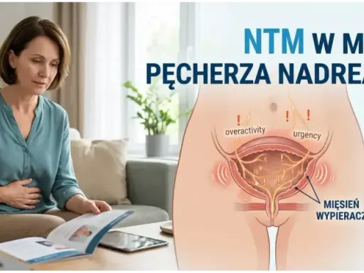 Kobieta czyta broszurę o nadreaktywnym pęcherzu. Grafika pokazuje mechanizm problemu, sugerując, że wyleczyłam nadreaktywny pęcherz.