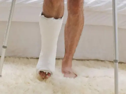 Noga w gipsie i zdrowa noga obok, przygotowanie do rehabilitacji po zdjęciu gipsu.
