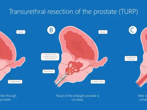 Ilustracja pokazuje przebieg resekcji przezcewkowej prostaty (TURP). Po zabiegu rekonwalescencja po operacji prostaty TURP pozwala na powrót do normalnego oddawania moczu.