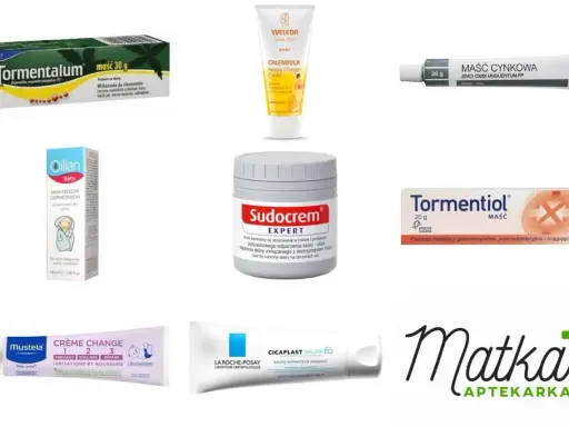 Kremy i maści na odparzenia pupy u dorosłego: Tormentiol, Sudocrem, Oillan, Maść cynkowa, Mustela, La Roche-Posay.