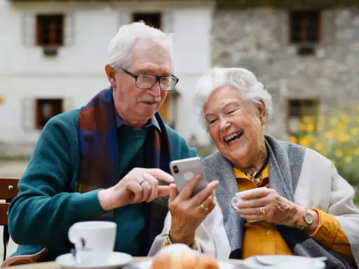 Uśmiechnięta para seniorów korzysta z telefonu, odkrywając nowe aplikacje dla seniorów. Radość i wspólne chwile przy kawie.