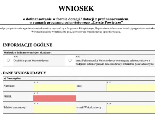 Formularz wniosku o dofinansowanie z PCPR dla niepełnosprawnych. Sekcja "Dane Wnioskodawcy" zawiera pola na nazwisko, PESEL i dane kontaktowe.