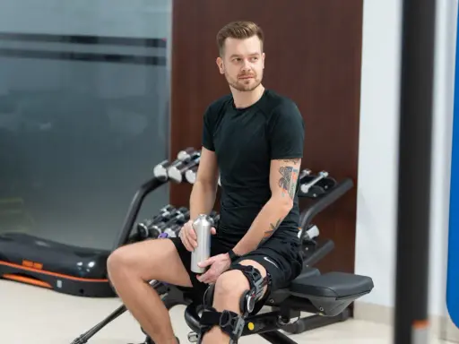 Mężczyzna w ortezie na kolanie odpoczywa po treningu. Jego rehabilitacja po operacji łąkotki przebiega pomyślnie.