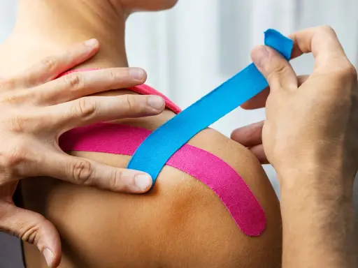 Aplikacja kinesiotapingu na ramię. Różowe i niebieskie plastry wspierają mięśnie. Co oznaczają kolory?