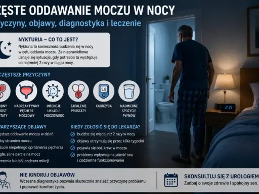 Nykturia, czyli częste oddawanie moczu w nocy, może mieć różne przyczyny: łagodny rozrost prostaty, nadreaktywny pęcherz, infekcje, zapalenie prostaty, cukrzyca, nadmierne spożycie płynów.