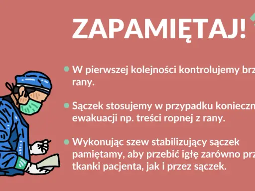 Chirurg w masce i fartuchu przygotowuje się do zabiegu. Pamiętaj o sączku w ranie, gdy ewakuujesz np. treść ropną.