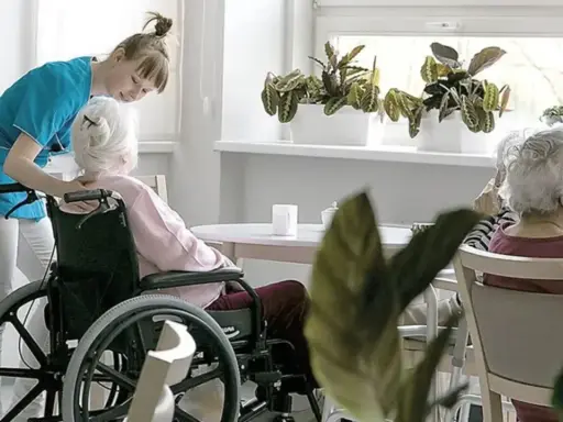 Opiekunka pomaga pacjentowi geriatrycznemu w wózku inwalidzkim. W tle siedzą inne starsze osoby.