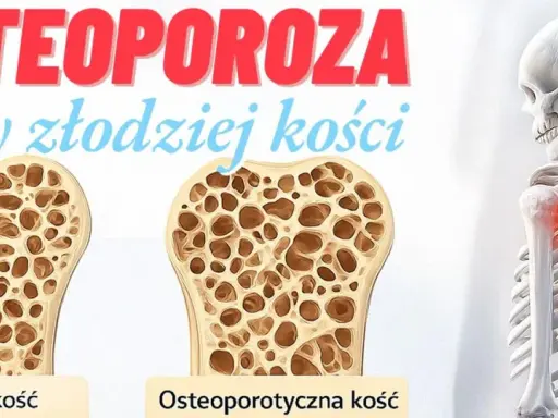 Osteoporoza pomenopauzalna: porównanie zdrowej i osteoporotycznej kości. Szkielet z zaznaczonym bólem w obrębie barku.