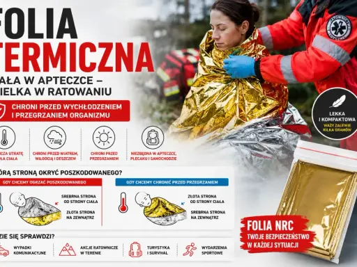 Koc termiczny ratunkowy chroni przed wychłodzeniem i przegrzaniem. Niezbędny w apteczce, plecaku i samochodzie.